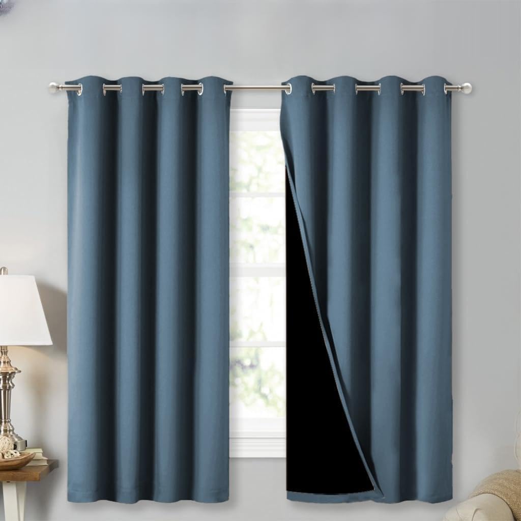 NICETOWN 100% Blackout Curtains with Black Liners, Smoky Blue, 2 Panels, 52-inch W by 63-inch L, Thermal Insulated Full Blackout 2-Layer Lined Drapes, Energy Efficiency Window Draperies for Bedroom