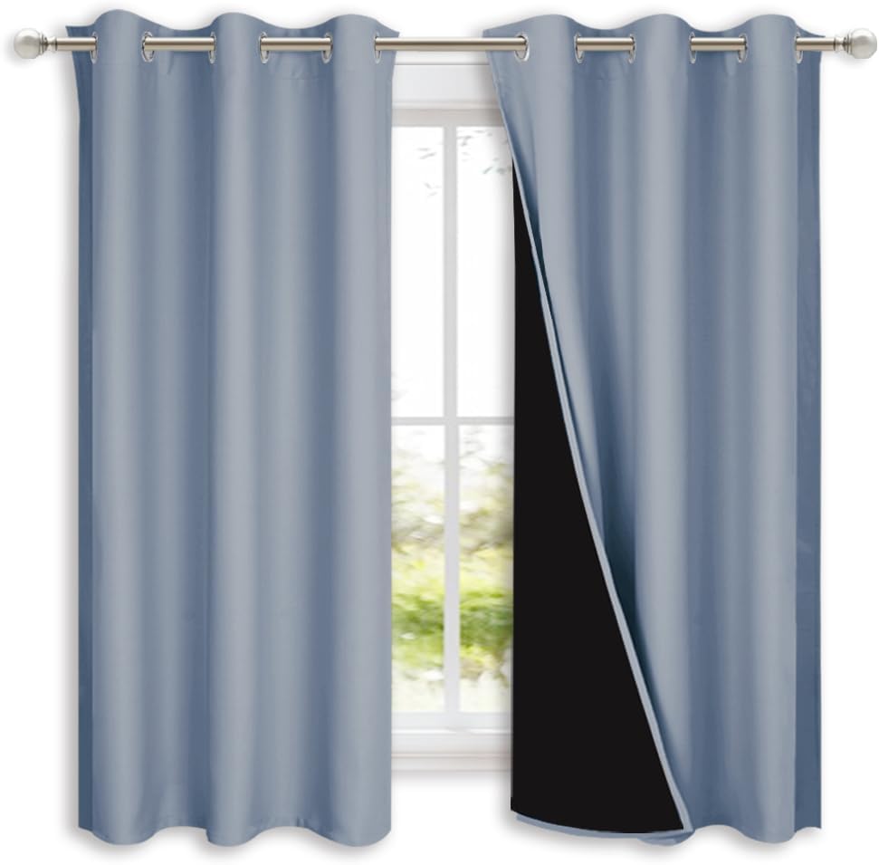 NICETOWN 100% Blackout Short Curtains with Black Liners, 2 Panels, 37" W by 63" L, Vintage Blue, Solid Thermal Insulated Full Blackout 2-Layer Lined Drapes, Energy Efficiency Window Drapes for Bedroom