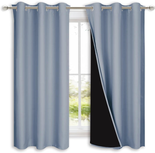 NICETOWN 100% Blackout Curtains 54 inches Long, Vintage Blue, 1 Pair, 42 inches Width Each Panel, Double-Deck Completely Blackout Window Treatment Thermal Insulated Lined Drapes for Small Window