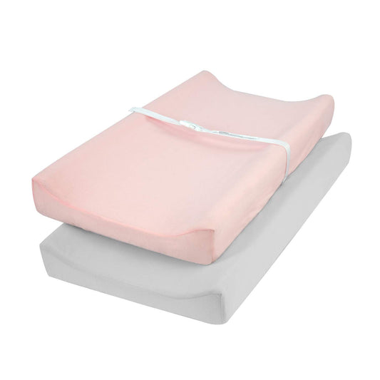 TILLYOU Changing Pad Cover Set in Soft Jersey Material Diaper Changing Table Sheets - Fits 32"/34''x16 Contoured Pad for Babies,Peachy Pink & Lt Gray