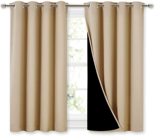 NICETOWN Bedroom Full Blackout Curtain Panels, Super Thick Insulated Window Covers, Complete Blackout Draperies with Black Liner for Short Window(Biscotti Beige, Set of 2 PCs, 52 by 45-inch)