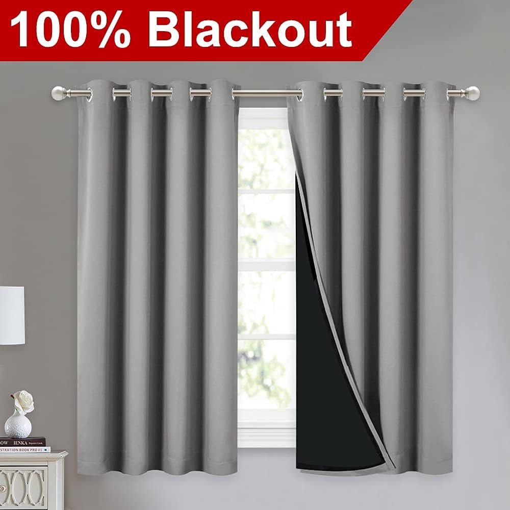 NICETOWN 100% Blackout Curtains with Black Liners, Thermal Insulated Full Blackout 2-Layer Drapes, Noise Cancellation Window Draperies for Dining Room (Silver Grey, 2 Panels, 52-inch W by 54-inch L)