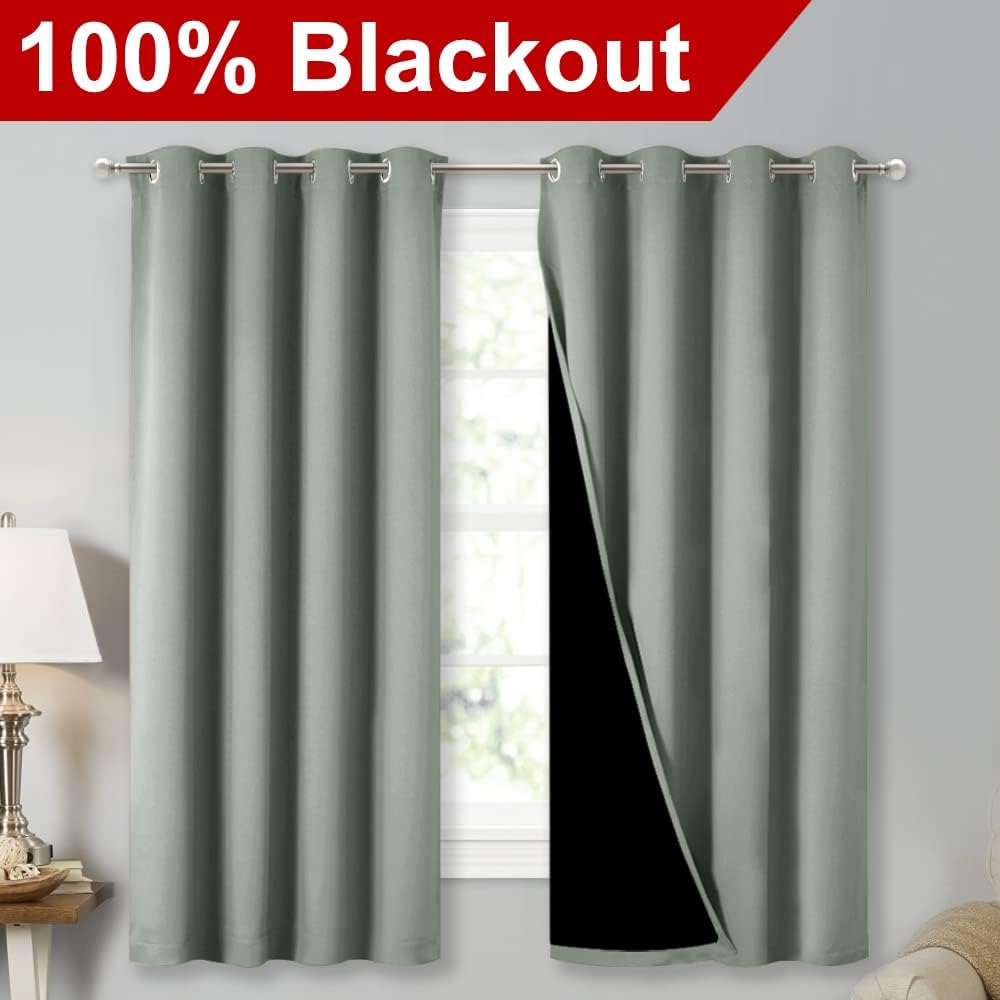 NICETOWN Extra Long Truly Blackout Drapes for Hall and Villa, 46-inch Width Each Panel, 45-inch Length, Greyish Green, 2 Pieces, 100% Blackout Window Curtains with Black Lined for Night Shift Worker
