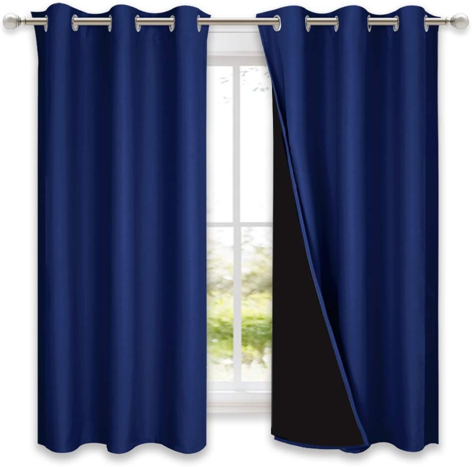 NICETOWN Pure White 100% Blackout Lined Curtains, Royal Blue, 1 Pair, 37" Width x 63" Length Each Panel, 2 Thick Layers Narrow Wide Window Treatment Thermal Insulated Drapes for Kitchen Small Window