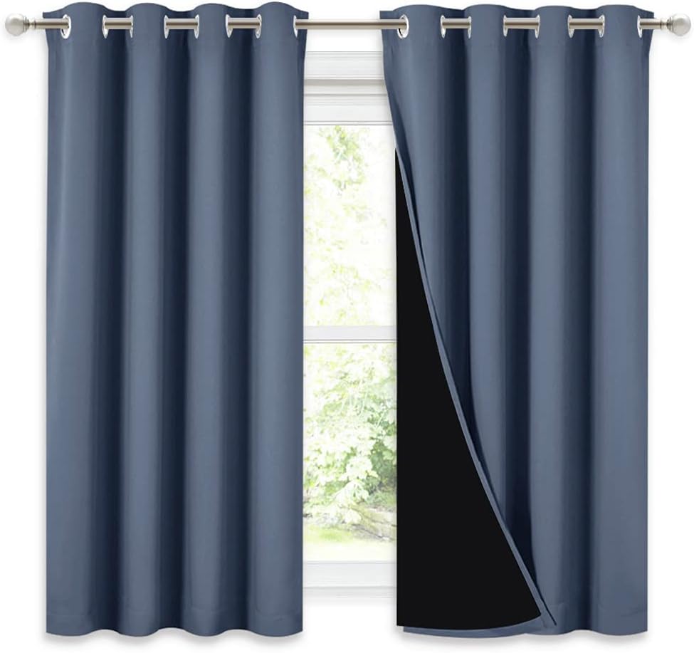 NICETOWN Noise Reducing 100% Blackout Curtains with Black Liners, Thermal Insulated 2-Layer Drapes, Energy Efficiency Window Draperies for Boy's Room (Stone Blue, 2 Panels, 55-inch W by 57-inch L)