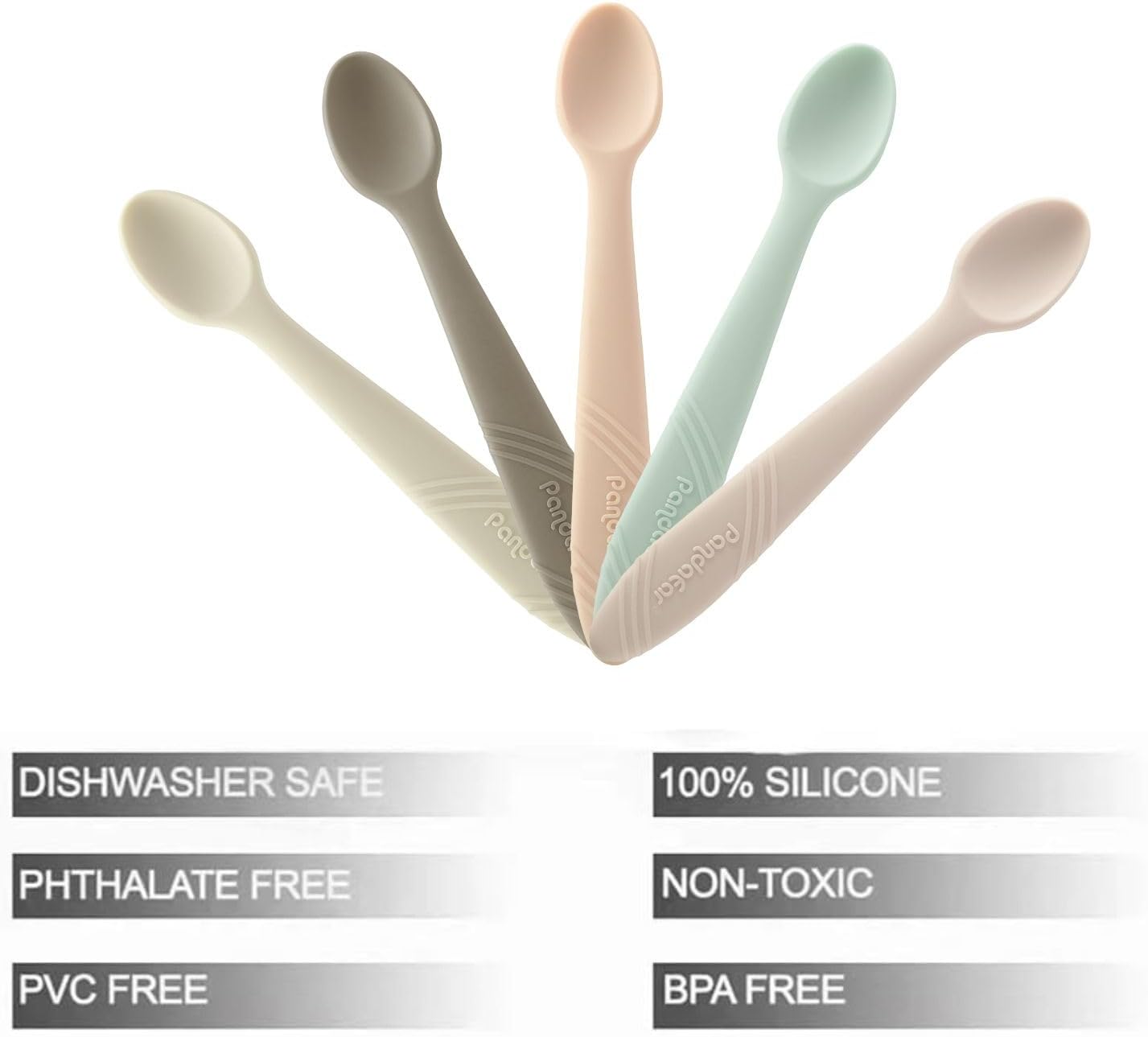 PandaEar 5 Pack Silicone Baby Spoons Self Feeding 4 6 Months, Baby Food Feeding Spoons Utensils, Gentle for Baby Led Weaning, Safe for Teething, Infant Spoons First Stage, BPA-Free, Easy to Clean