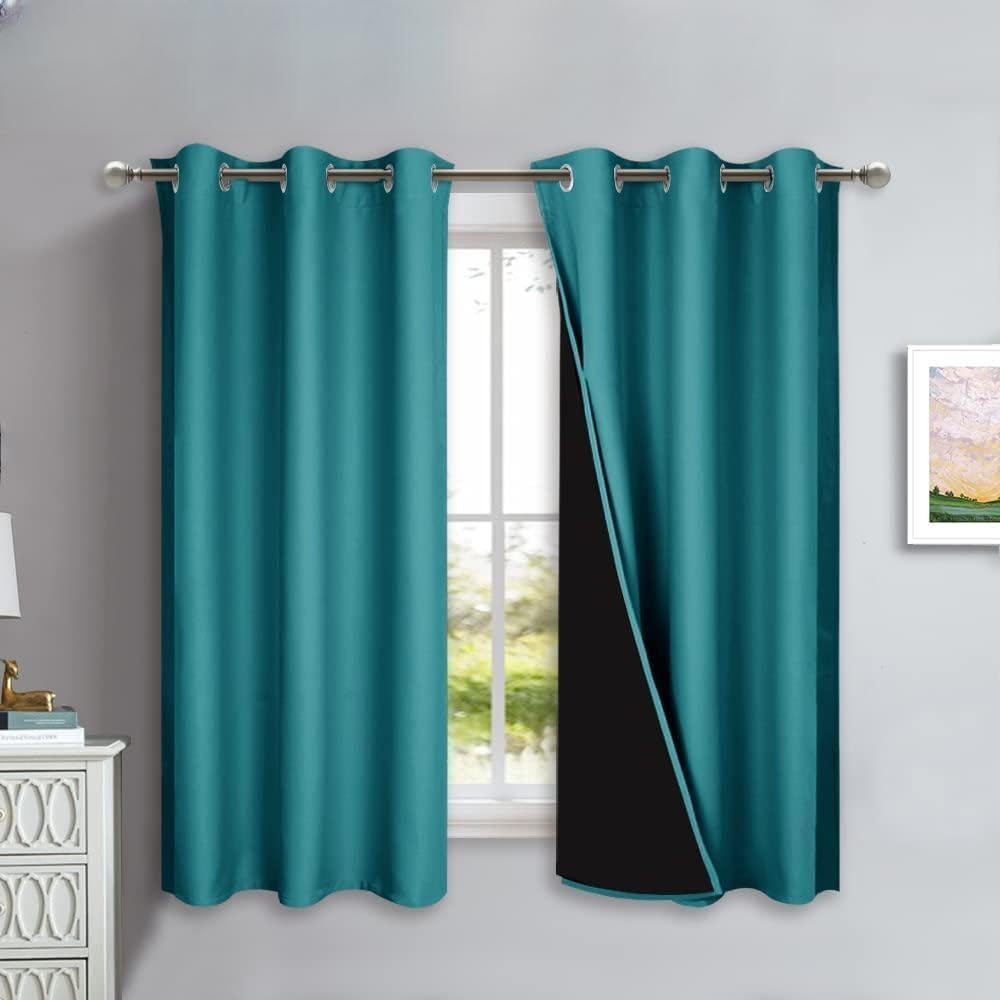 NICETOWN 100% Blackout Short Curtains with Black Liners, 2 Panels, 37" W by 40" L, Peacock Teal, Solid Thermal Insulated Full Blackout 2-Layer Lined Drapes, Energy Efficiency Window Drapes for Bedroom