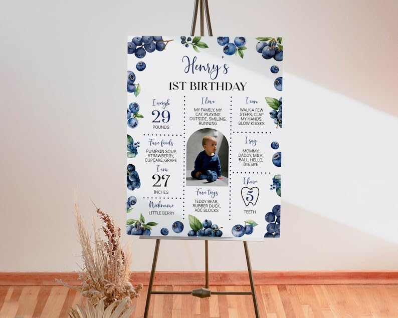 Generic Blueberry First Birthday Milestone Sign, Berry Sweet Birthday Milestone Poster, Boy Blueberries Photo Milestone Board, Design 01