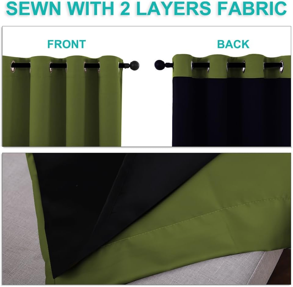 NICETOWN 100% Blackout Window Curtain Panels, Olive Green, 2 Pieces, 42-inch Wide Per Panel, Full Light Blocking Drapes with Black Liner for Nursery, 72-inch Drop Thermal Insulated Draperies
