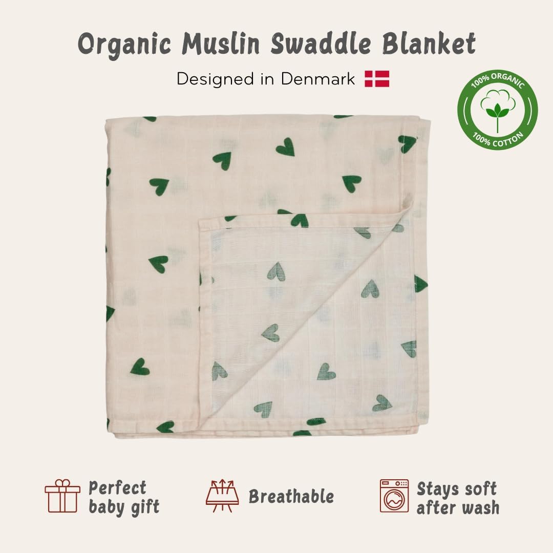 Swaddle - 100% Organic Cotton - Muslin Swaddle Blankets for Newborn, 47" x 47" (Green Hearts)