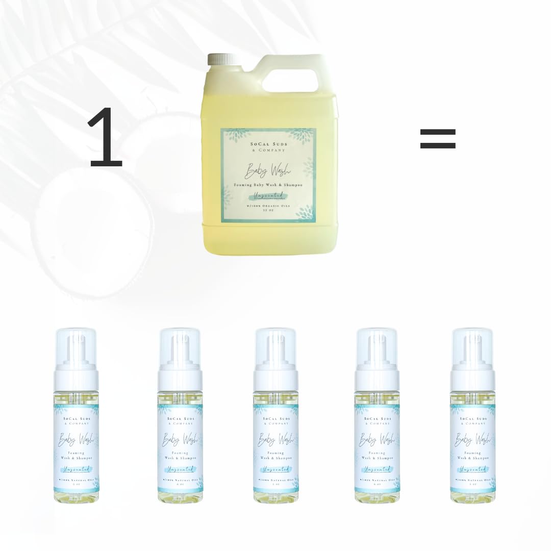 SoCal Suds & Company - 2-in-1 Organic Foaming Baby Wash Castile Soap & Shampoo Refill - Gentle Body Soap for Sensitive Gentle Bath -Nourishing Soothing Ingredients -Newborn Baby - Fragrance Free, 32oz