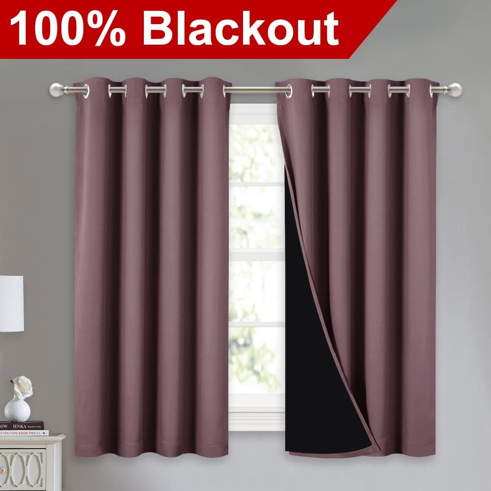 NICETOWN 100% Blackout Curtains 54 inches Long, Double-Deck Completely Blackout Window Treatment Thermal Insulated Lined Drapes for Small Window (Dry Rose, 1 Pair, 52 inches Width Each Panel)