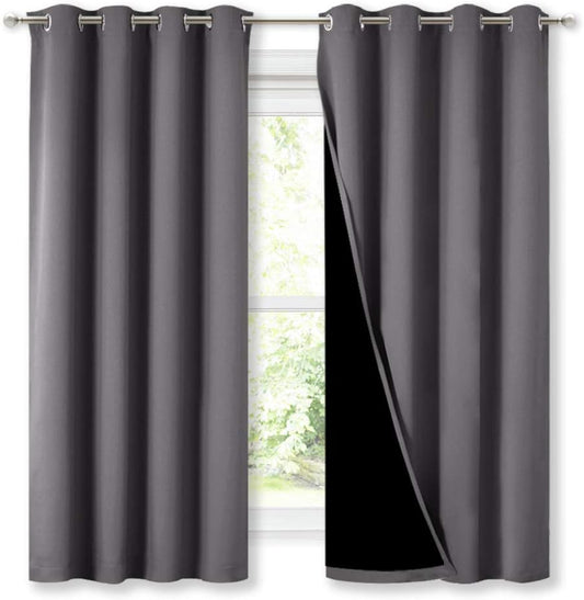 NICETOWN 100% Blackout Curtains with Black Liners, Thermal Insulated Full Blackout 2-Layer Lined Drapes, Energy Efficiency Window Draperies for Bedroom (Grey, 2 Panels, 52-inch W by 63-inch L)