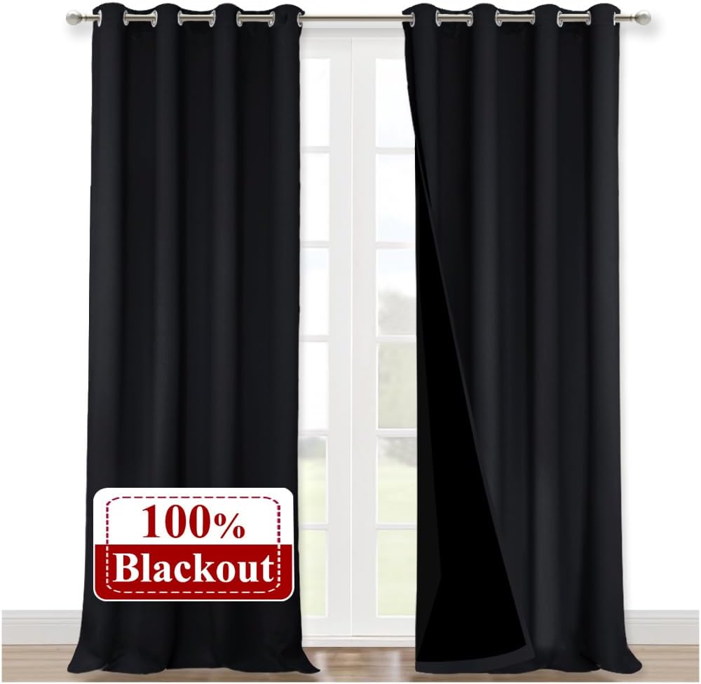 NICETOWN Extra Long Truly Blackout Drapes for Hall and Villa, 52-inch Width Each Panel, 120-inch Length, Black, 2 Pieces, 100% Blackout Window Curtain Panels with Black Lined for Night Shift Worker