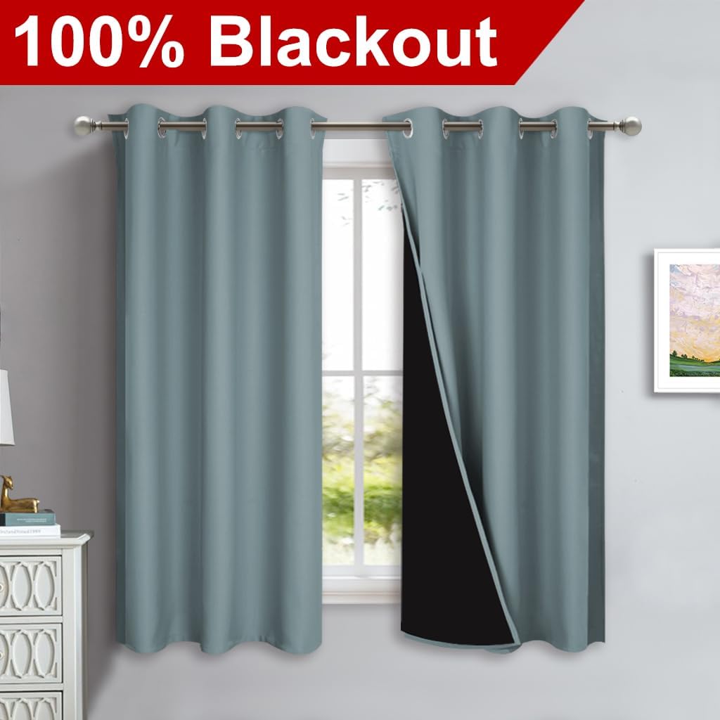 NICETOWN 100% Blackout Short Curtains with Black Liners, 2 Panels, 37" W by 50" L, Greyish Blue, Solid Thermal Insulated Full Blackout 2-Layer Lined Drapes, Energy Efficiency Window Drapes for Bedroom