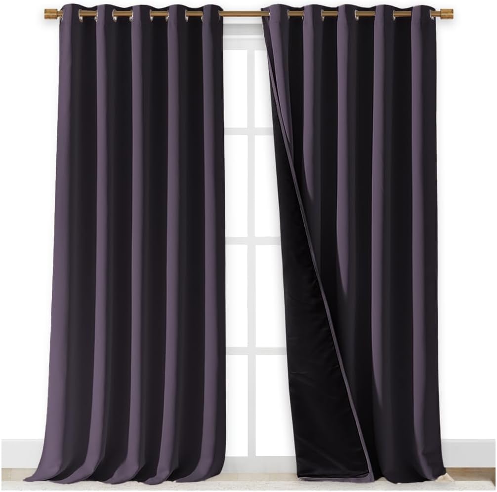 NICETOWN Full Shading Curtains for Windows, Greyish Purple, Pack of 2, 70 inches W x 95 inches L, Super Heavy-Duty Black Lined Blackout Curtains for Bedroom, Privacy Assured Window Treatment