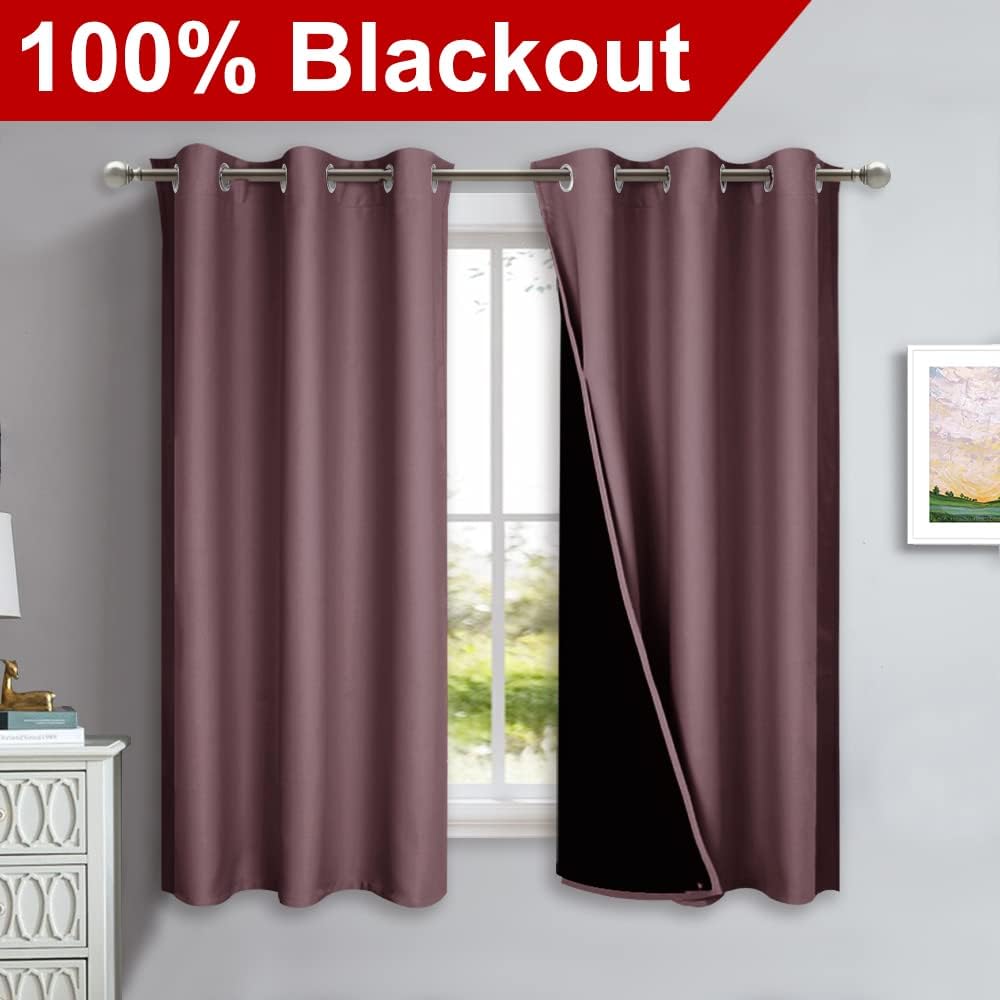 NICETOWN 100% Blackout Short Curtains with Black Liners, 2 Panels, 37" W by 50" L, Dry Rose, Solid Thermal Insulated Full Blackout 2-Layer Lined Drapes, Energy Efficiency Window Drapes for Bedroom