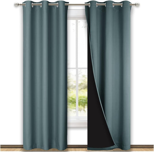NICETOWN Full Shade Curtain Panels, 37" Wide x 80" Long, Greyish Blue, Pair of Thermal Insulated & Energy Efficiency Blackout Drapes for Living Room, Lined Silky Performance Window Dressing