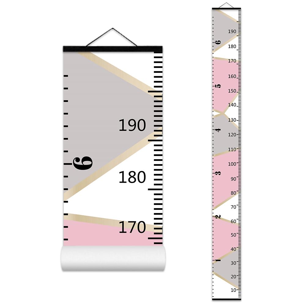 Pink Gray Color Block Growth Chart for Kids Baby Height Chart Ruler Removable Canvas Wooden Frame Hanging Wall Rulers Measurement Charts for Toddler Room Decor - 79"X7.9" with Black Wood
