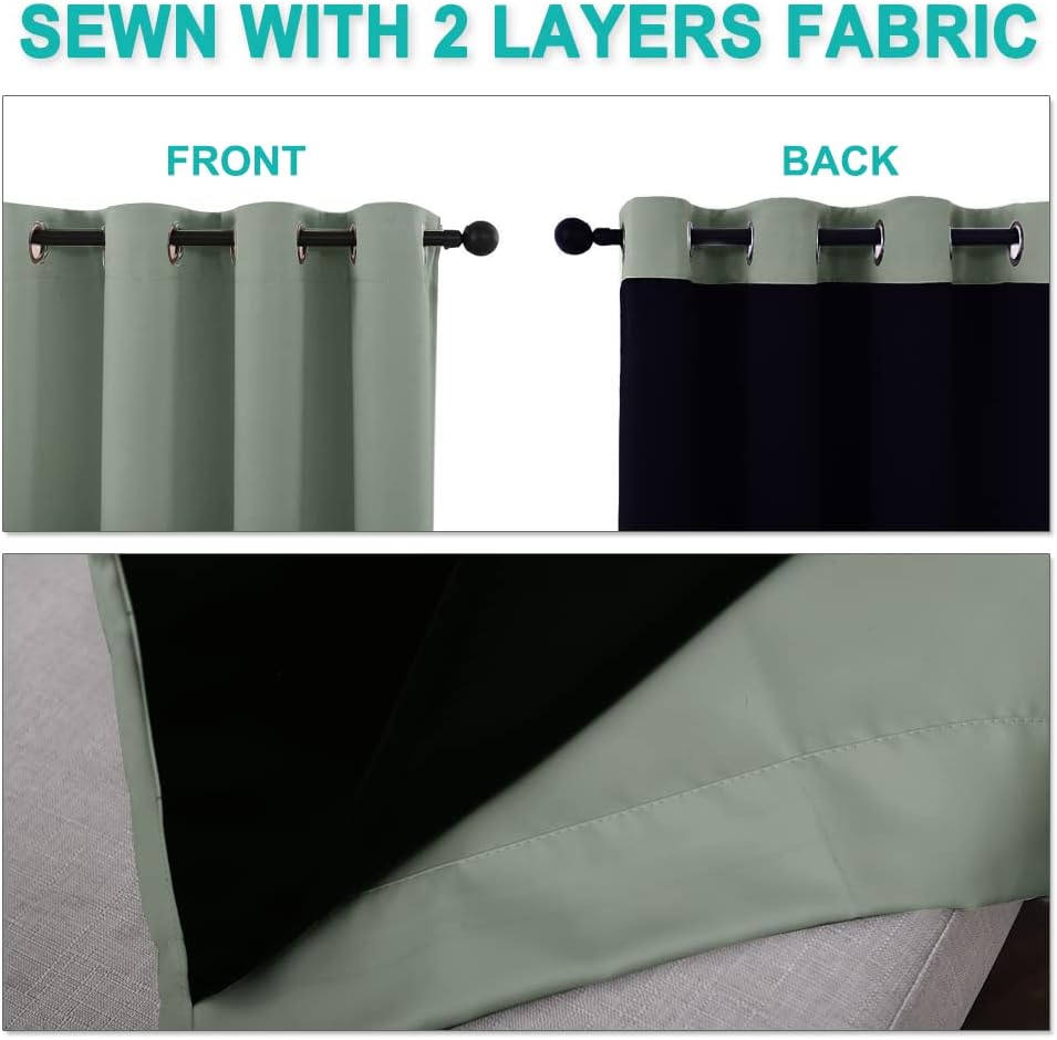 NICETOWN 100% Blackout Window Curtain Panels, Heat and Full Light Blocking Drapes with Black Liner for Nursery, 120" Drop Thermal Insulated Draperies (Greyish Green, 2 Pieces, 52" Wide Each Panel)