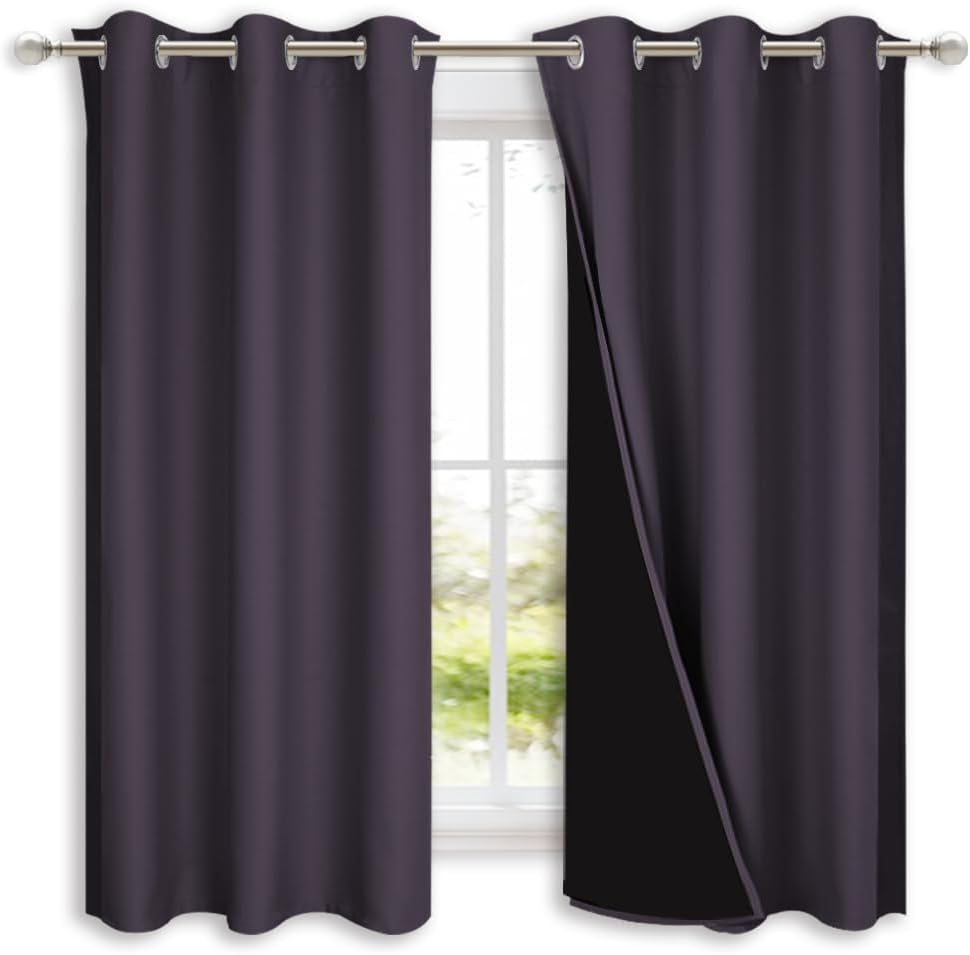 NICETOWN 100% Blackout Short Curtains with Black Liners, 2 Panels, 37" W by 63" L, Greyish Purple, Thermal Insulated Full Blackout 2-Layer Lined Drapes, Energy Efficiency Window Drapes for Bedroom