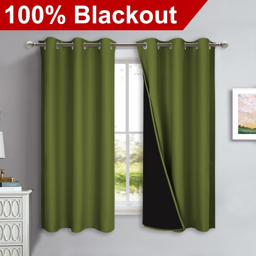 NICETOWN 100% Blackout Short Curtains with Black Liners, 2 Panels, 37" W by 50" L, Olive Green, Solid Thermal Insulated Full Blackout 2-Layer Lined Drapes, Energy Efficiency Window Drapes for Bedroom
