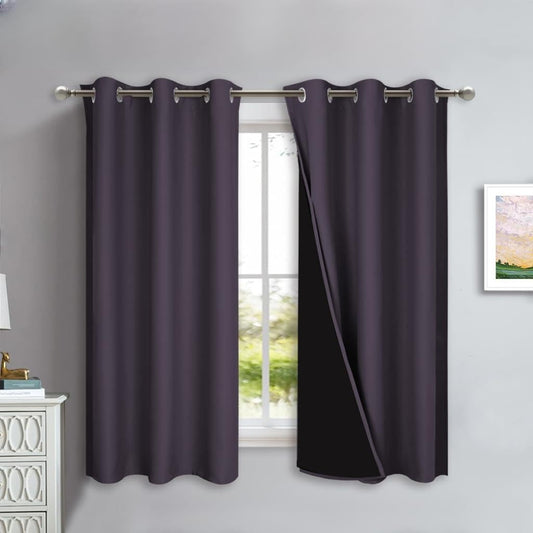 NICETOWN 100% Blackout Curtains 45 inches Long, Greyish Purple, 1 Pair, 42 inches Width Each Panel, 2 Thick Layers Completely Blackout Window Treatment Thermal Insulated Lined Drapes for Small Window