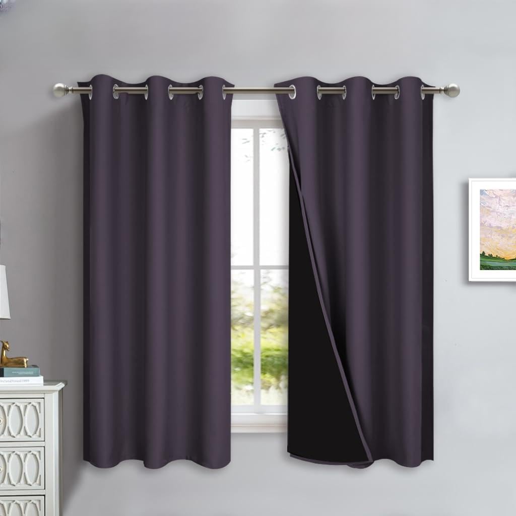 NICETOWN 100% Blackout Lined Curtains, Greyish Purple, 1 Pair, 42" Width x 63" Length Each Panel, 2 Thick Layers Completely Blackout Window Treatment Panels Thermal Insulated Drapes for Kitchen