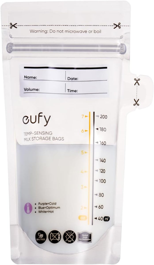 eufy Breast Milk Storage Bag with Temperature Sensing Color Change, Milk Storing Bags for Breastfeeding, 7 oz Disposable Storage Bags, Self-Standing, Leakproof Milk Freeze Storage Pouches (120 Pieces)