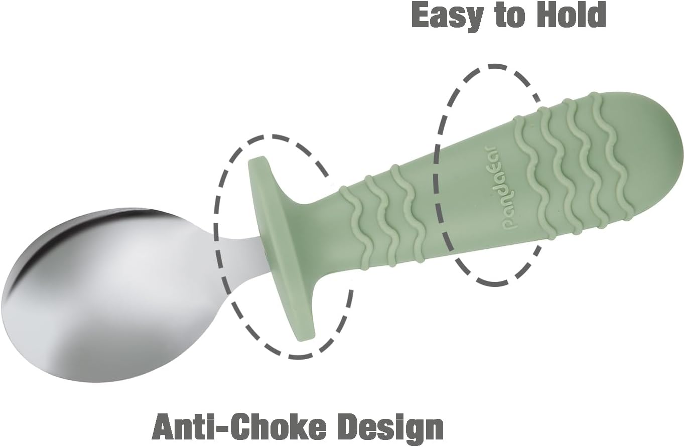 PandaEar 6 Pieces Baby Toddler Silicone Stainless Steel Utensils Silverware Spoon Fork for Baby Toddler BPA Free with Silicone Holding Anti-Choke Design (Blue Green Beige)