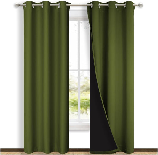 NICETOWN Olive Green Full Shade Curtain Panels, 37" Wide x 80" Long, Olive Green, Pair of Thermal Insulated & Energy Efficiency Blackout Drapes for Living Room, Lined Silky Performance Window Dressing