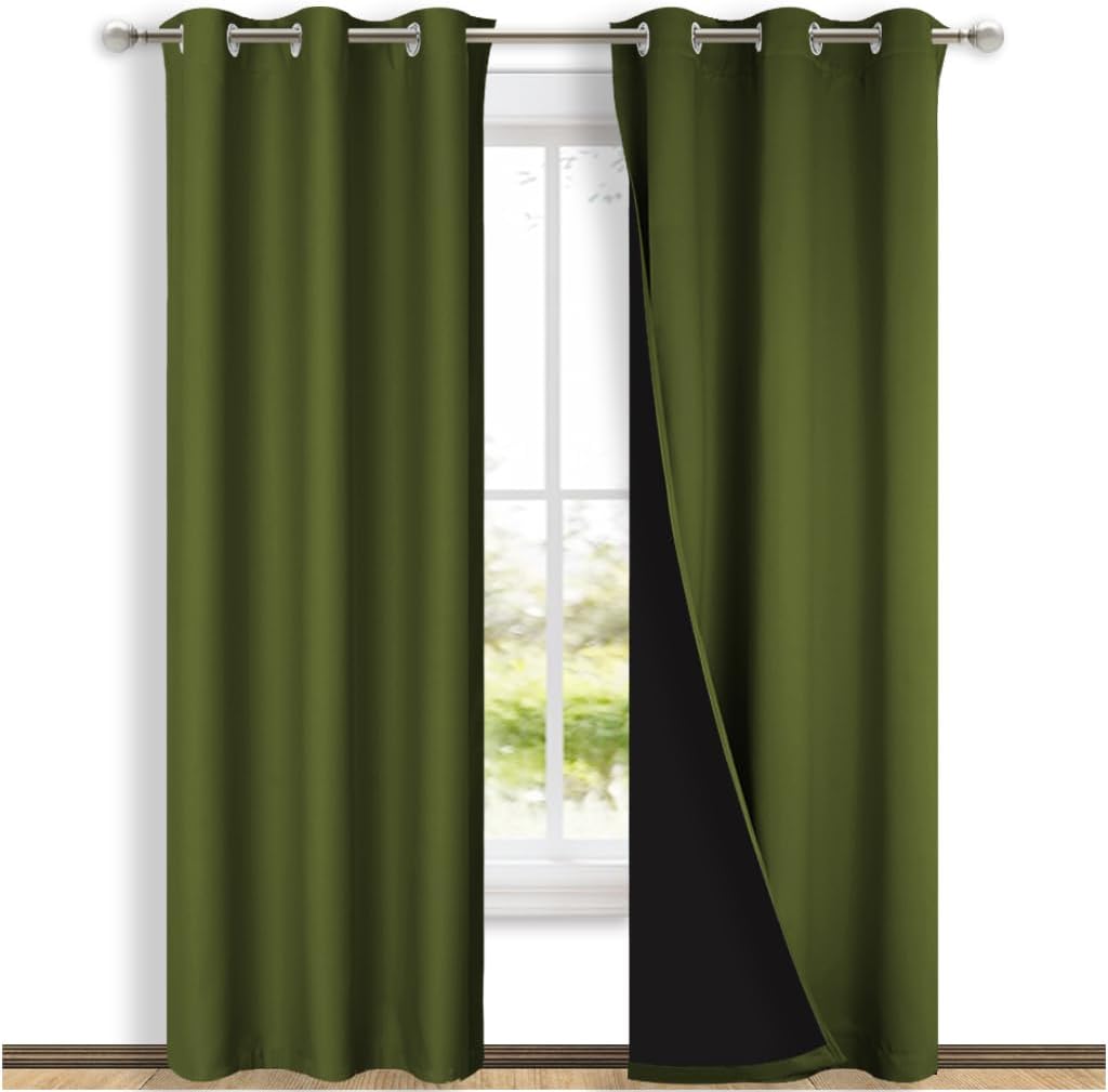 NICETOWN Blackout Curtains 84 inches Long, 2 Pieces, 42" Wide Each Panel, Olive Green, Full Light Blocking Drapes with Black Liner for Nursery, Thermal Insulated Draperies for Hall, Villa