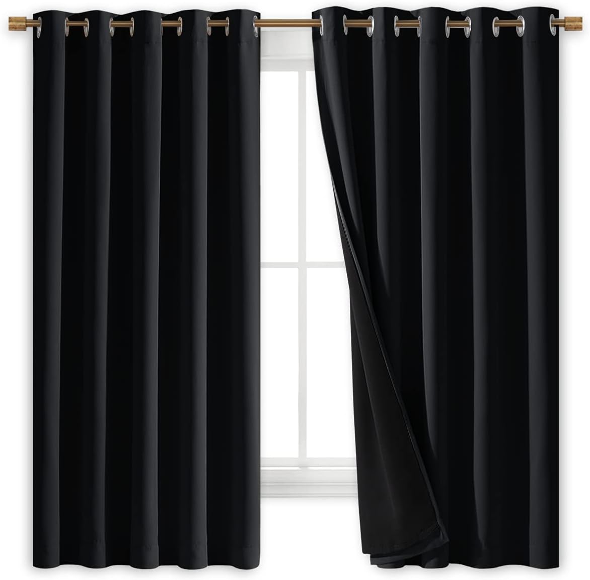 NICETOWN Complete 100% Blackout Curtains, Thermal Insulated & Energy Efficiency Window Draperies with Black Liner, Noise Reducing Short Curtains for Kids Room (Black, 70-inch W by 63-inch L, 2 Panels)