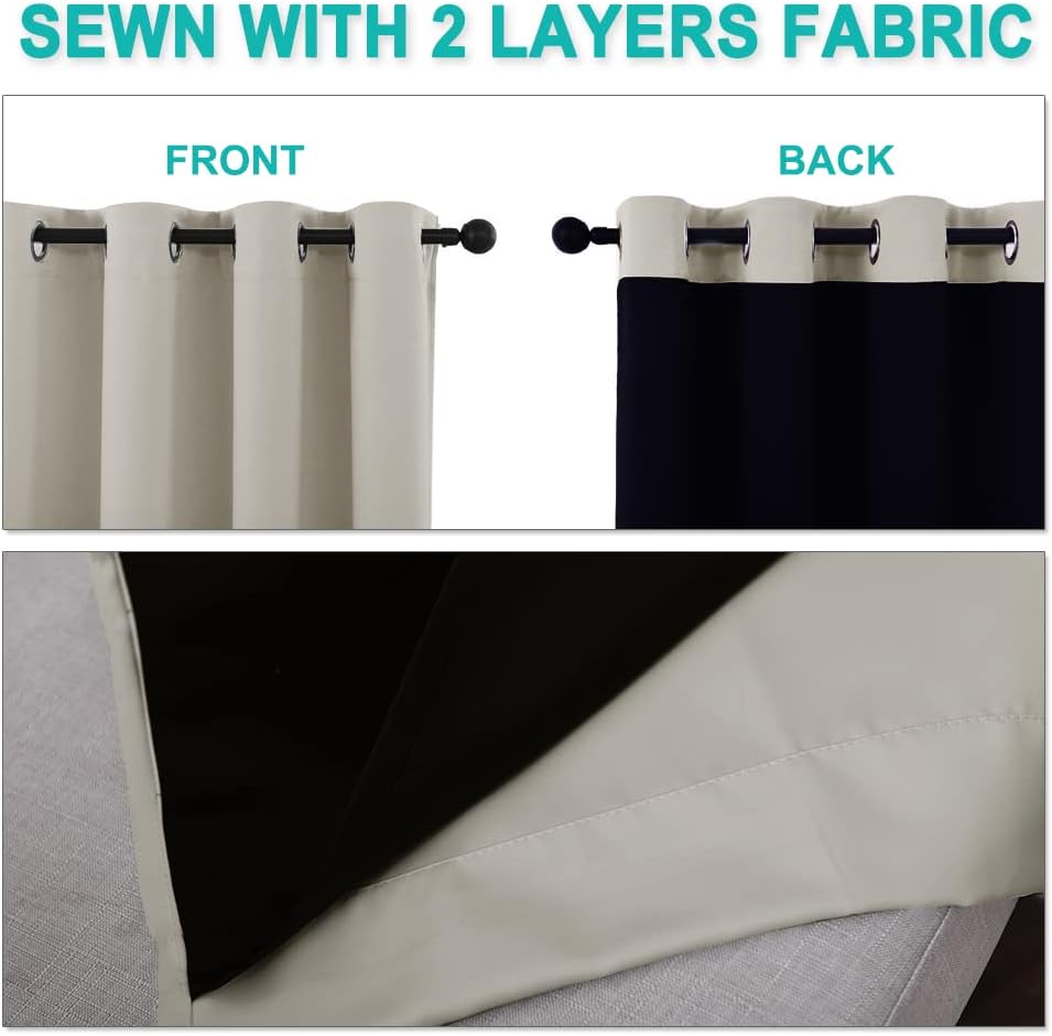 NICETOWN Natural Blackout Curtains 80 inches Long, 2 Pieces, 37" Wide Each Panel, Full Light Blocking Drapes with Black Liner for Nursery, Noise Reducing Thermal Insulated Draperies for Doorway
