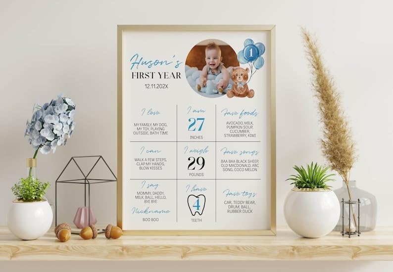 Personalized Beary First Birthday Milestone Poster, Teddy Bear Birthday Milestone Sign, Modern Bear Birthday Stats Board, Design 05