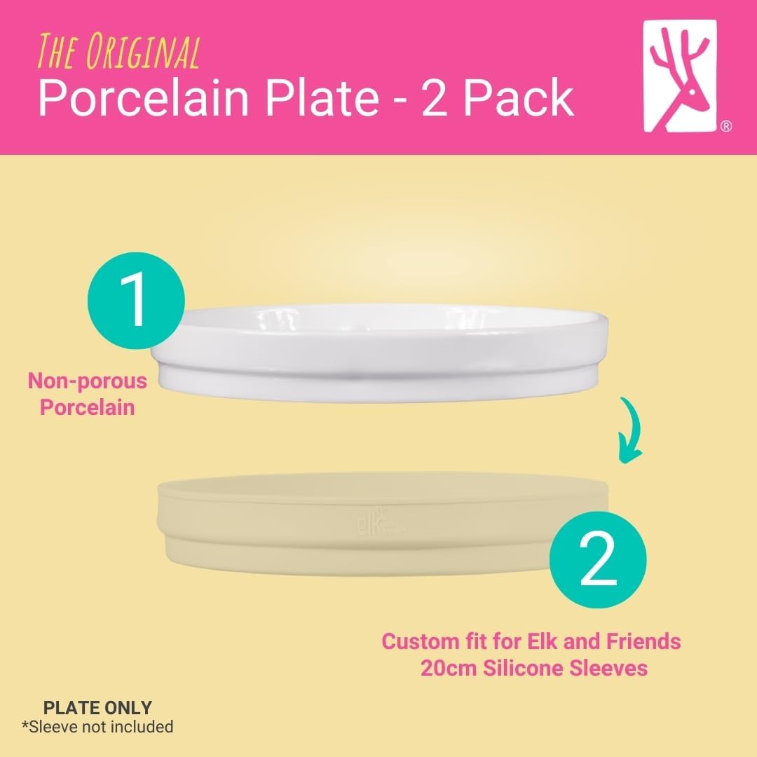 Elk and Friends Kids 7.8” Porcelain White Plates | Divided Plates | Suitable for Kids/Toddlers | Microwave & Dishwasher Safe | Non Slip | Snack Dishes | 2 Pack