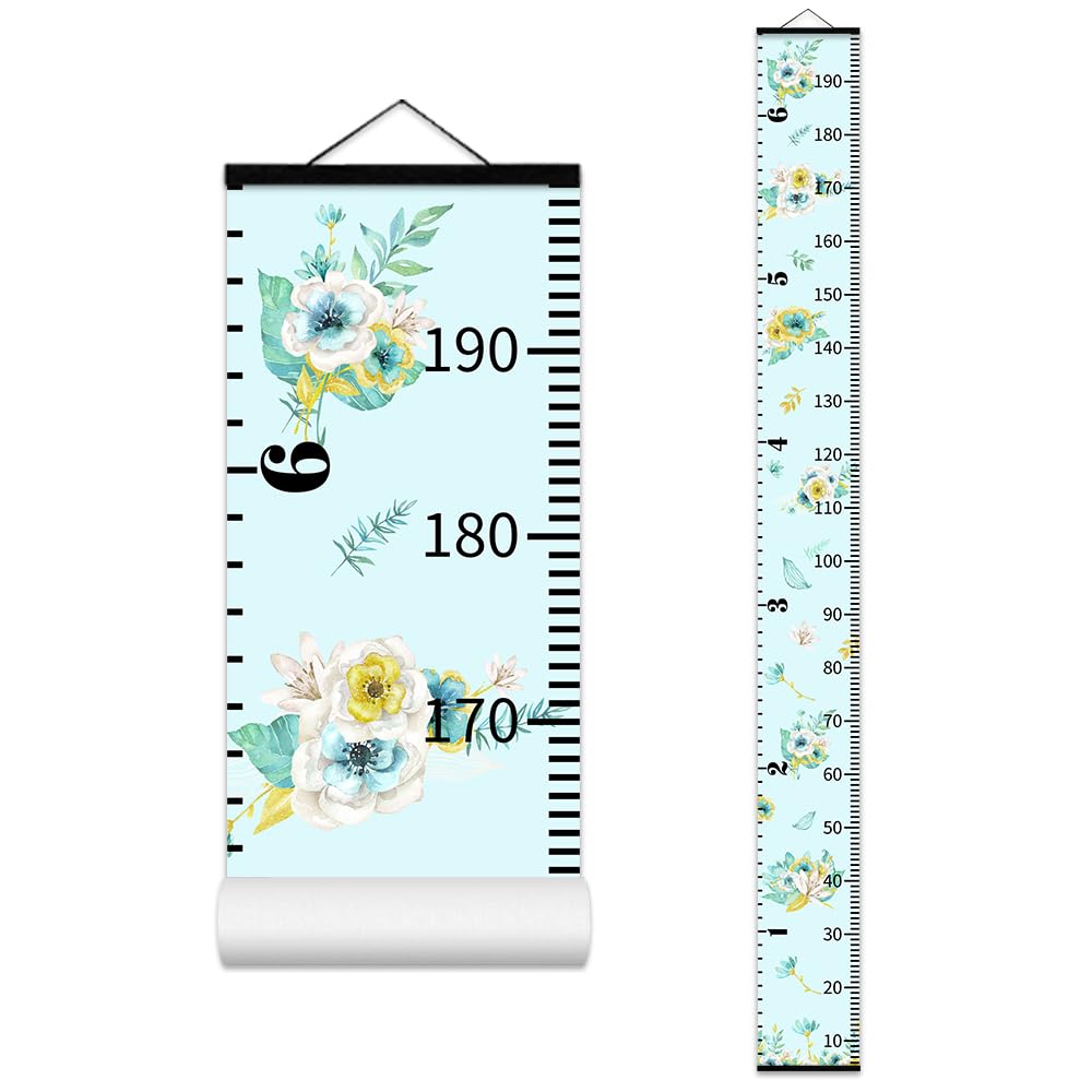 Flowers Plants Growth Chart for Kids Baby Height Chart Ruler Removable Canvas Wooden Frame Hanging Wall Rulers Measurement Charts for Floral Toddler Room Decor - 79"X7.9" with Black Wood