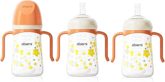 Toddler Sippy Cup 10oz, Weighted Straw Baby Drinking Water Bottle with Valved Spout for 6+ Months, 300ml/Orange/3Pack