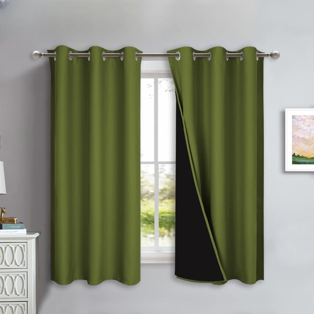 NICETOWN 100% Blackout Lined Curtains, Olive Green, 1 Pair, 42" Width x 63" Length Each Panel, 2 Thick Layers Completely Blackout Window Treatment Panels Thermal Insulated Drapes for Kitchen