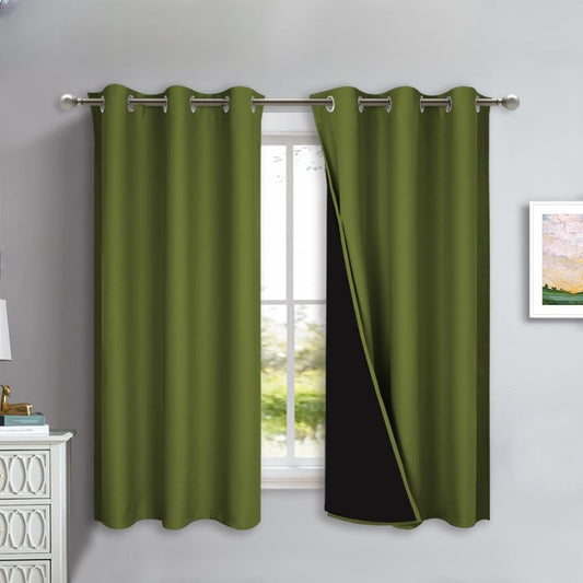 NICETOWN 100% Blackout Lined Curtains, Olive Green, 1 Pair, 42" Width x 63" Length Each Panel, 2 Thick Layers Completely Blackout Window Treatment Panels Thermal Insulated Drapes for Kitchen