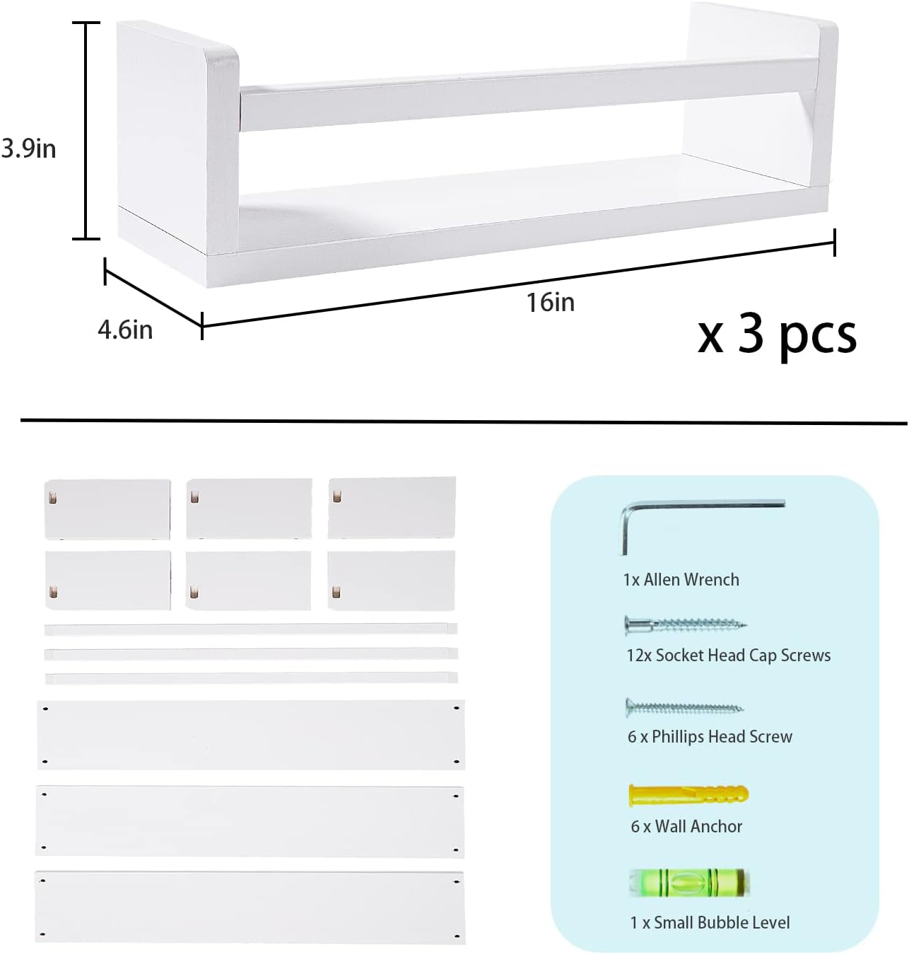 Nursery Floating Shelves for Kids Room, Set of 3 Wall Book Shelves for Kitchen Living Room, Book Shelf Wall Mounted for Baby Kids Bedoom Bathroom (White, 16inch Set 3)