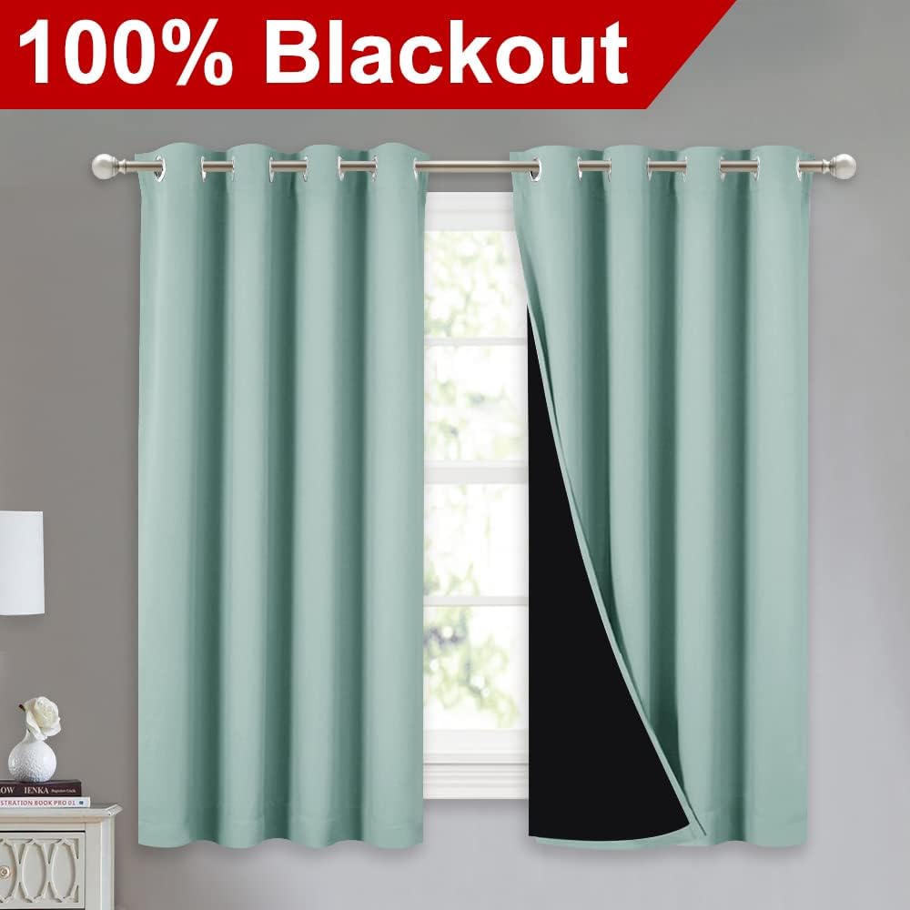 NICETOWN 100% Blackout Curtains 54 inches Long, Double-Deck Completely Blackout Window Treatment Thermal Insulated Lined Drapes for Small Window (Aqua Blue, 1 Pair, 52 inches Width Each Panel)