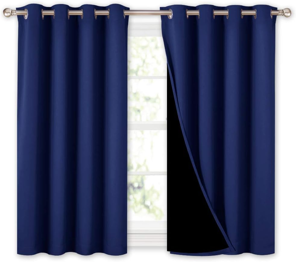 NICETOWN 100% Blackout Curtains with Black Liners, Thermal Insulated 2-Layer Lined Drapes, Energy Efficiency Small Window Draperies for Dining Room (Royal Blue, 2 Panels, 52 inches W by 45 inches L)