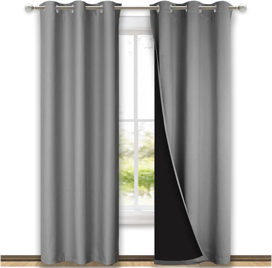 NICETOWN Silver Grey Full Shade Curtain Panels, Pair of Thermal Insulated & Energy Efficiency Blackout Curtains for Living Room Windows, Lined Silky Performance Window Dressing (42" Wide x 84" Long)