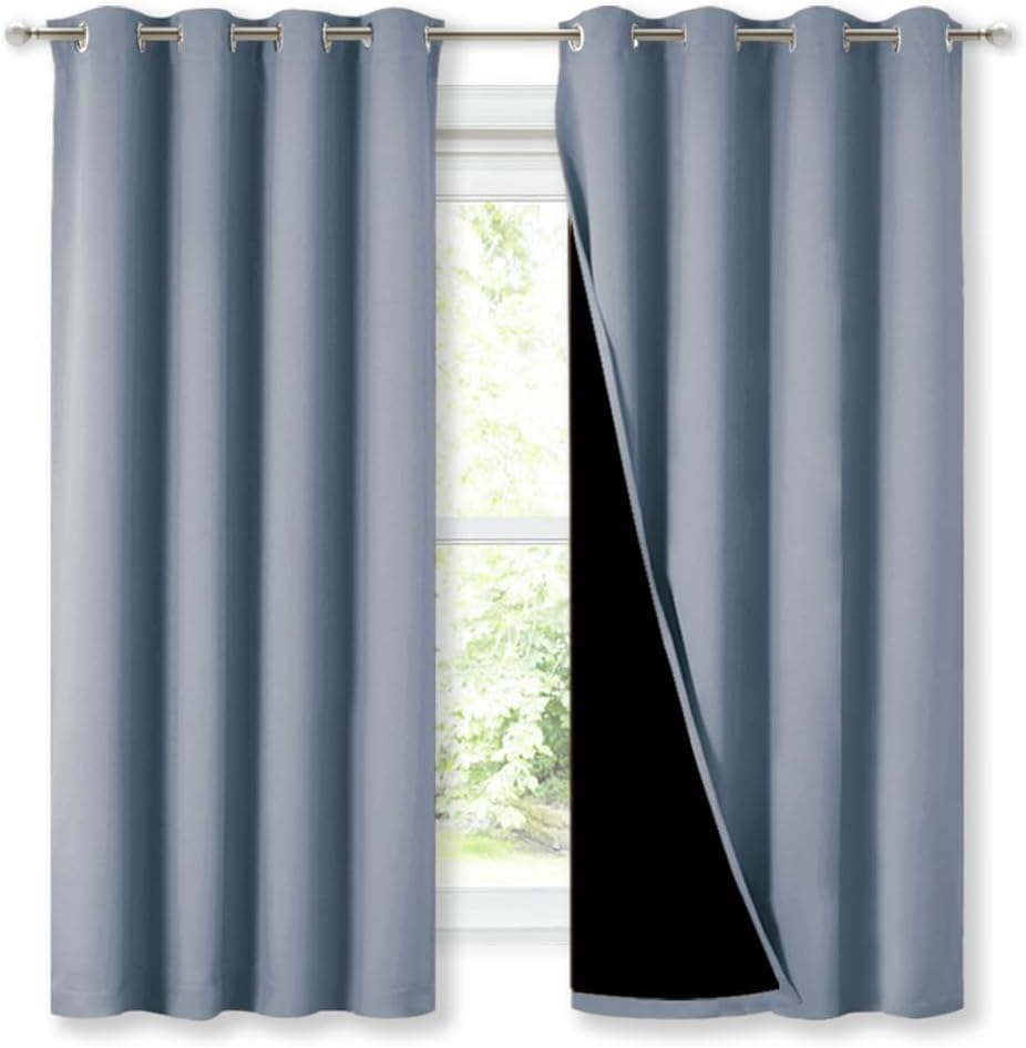 NICETOWN 100% Blackout Curtains with Black Liners, Vintage Blue, 2 Panels, 52-inch W by 63-inch L, Thermal Insulated Full Blackout 2-Layer Lined Drapes, Energy Efficiency Window Draperies for Bedroom