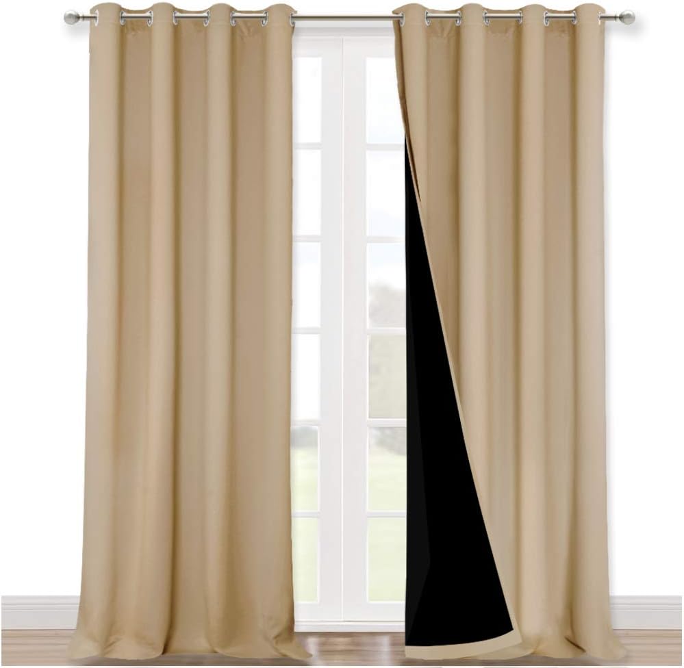 NICETOWN Thermal Insulated 100% Blackout Curtains, Biscotti Beige, 1 Pair, 52 inches x 102 inches, Sound Proof Drapes with Black Backing, Full Light Blocking Panels for Patio Sliding Door