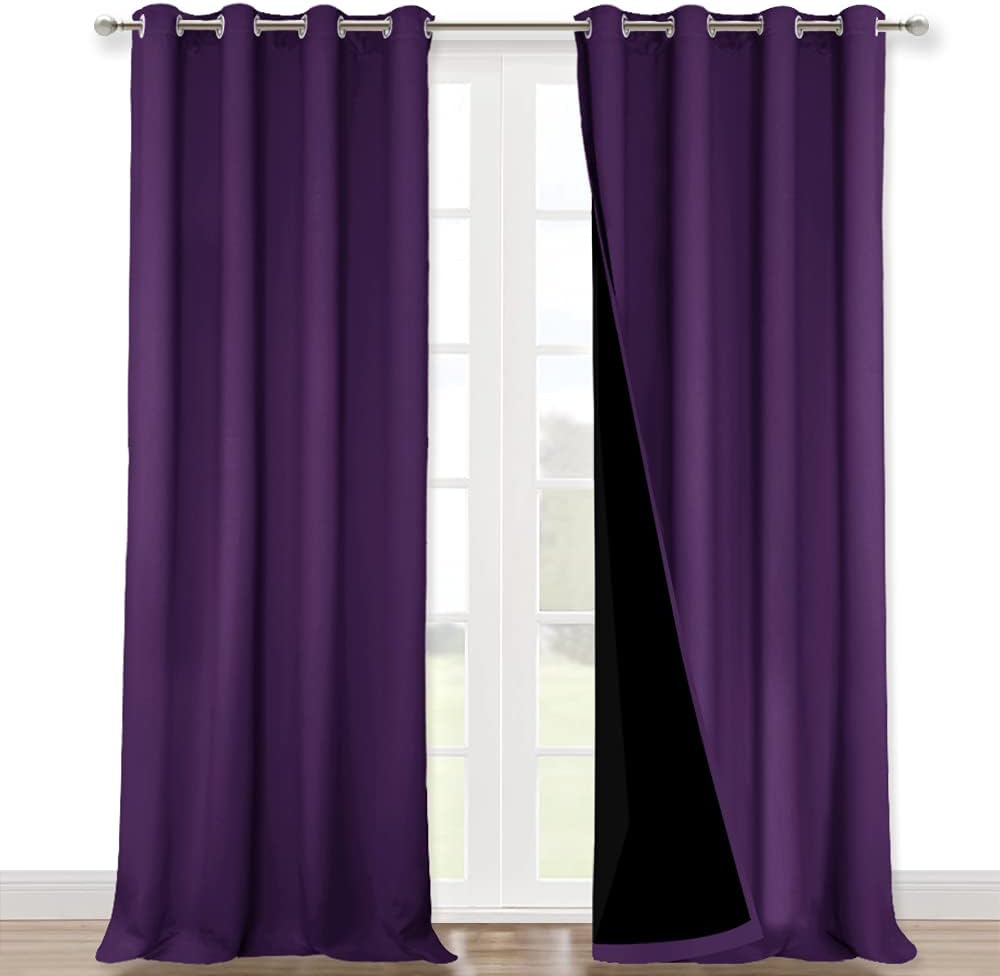 NICETOWN 100% Blackout Curtains with Black Liner Backing, Thermal Insulated Curtains for Living Room, Noise Reducing Drapes, Royal Purple, 52" Wide x 102" Long Per Panel, Set of 2 Panels