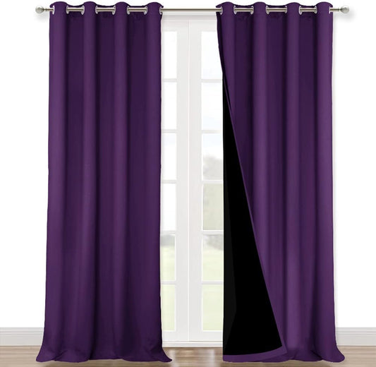 NICETOWN 100% Blackout Curtains with Black Liner Backing, Thermal Insulated Curtains for Living Room, Noise Reducing Drapes, Royal Purple, 52" Wide x 102" Long Per Panel, Set of 2 Panels