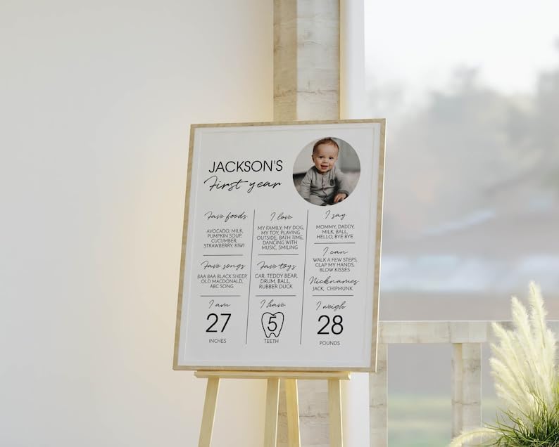 Generic Personalized First Birthday Milestone Poster, Modern 1St Birthday Milestone Sign, My First Year Baby Milestone Board, Design 011