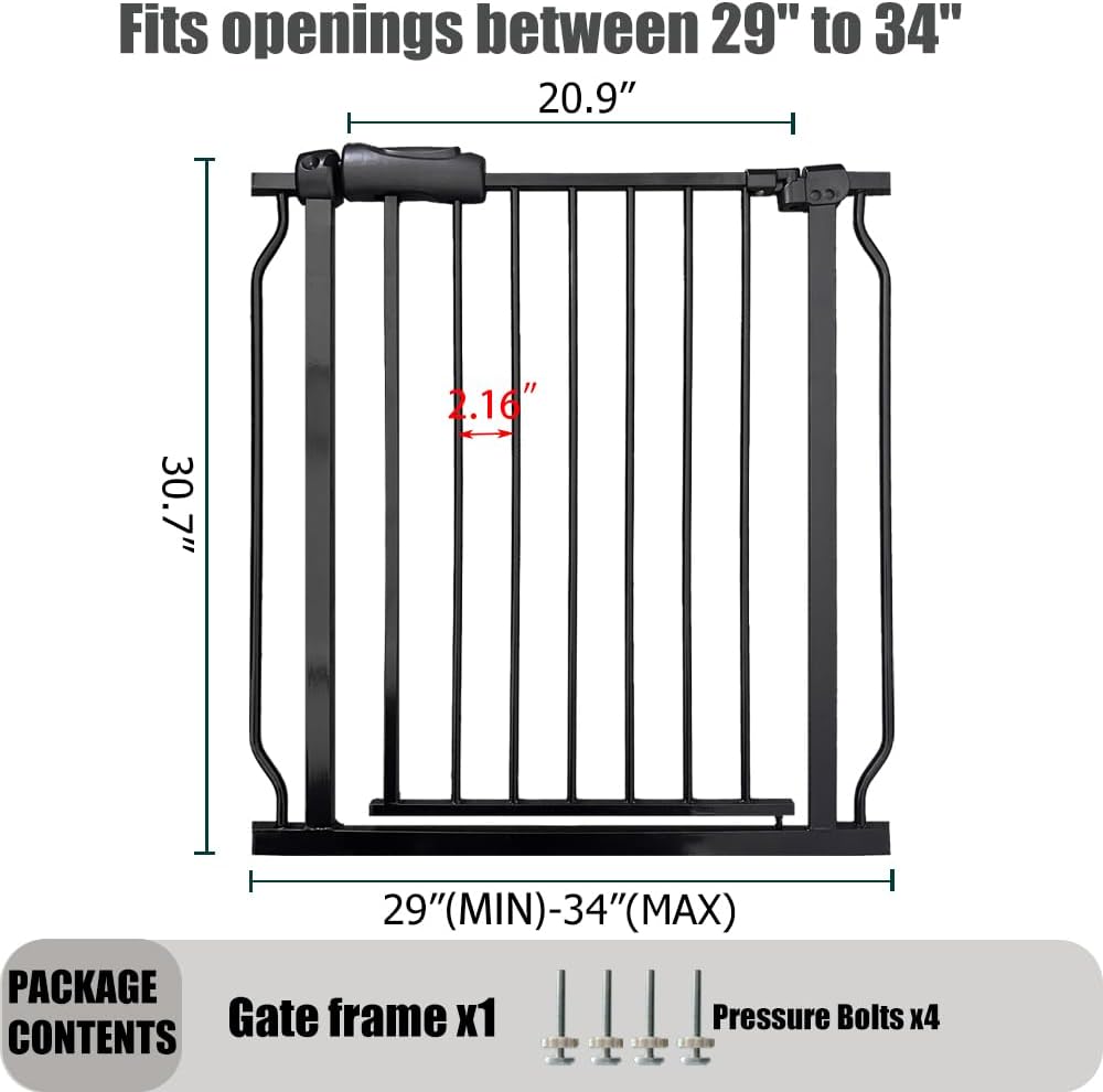 29-34 Inch Baby & Pet Gate - Black Metal, Pressure Mounted, Walk Through Safety Gate for Narrow Stairs & Doorways